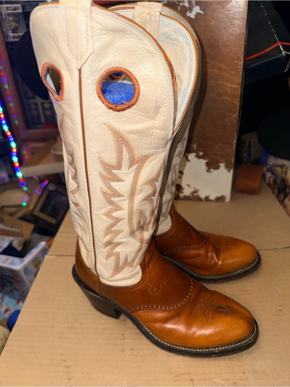 Tony Lama Sunset Renegade Buckaroo Style Brown & Cream Cowboy Boots 9.5 D